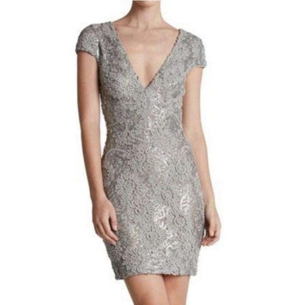 Dress the Population Elegant Silver Lace Dress